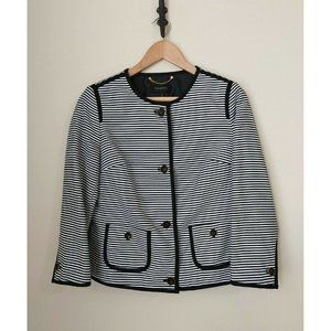 TALBOTS Blazer- Black White Striped Cotton Blend Short Jacket Button Accent